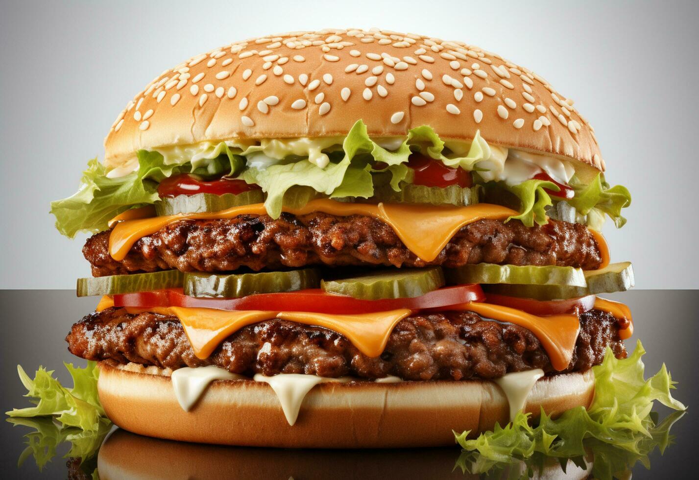 dubbele Hamburger geïsoleerd Aan wit achtergrond vers hamburger snel voedsel met rundvlees en room kaas realistisch afbeelding, ultra hd, hoog ontwerp heel gedetailleerd foto
