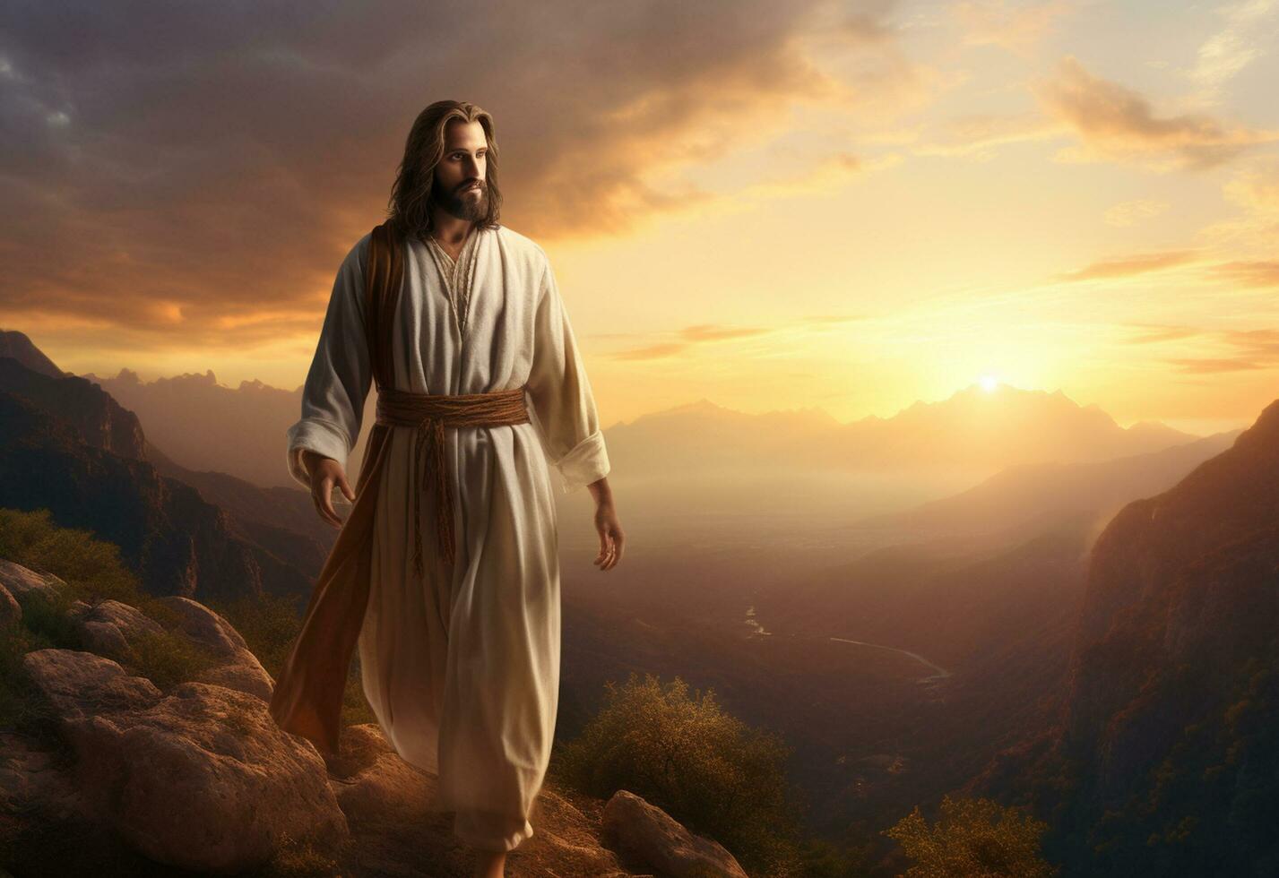 Jezus Christus in de heuvels Bij zonsondergang in bouta realistisch afbeelding, ultra hd, hoog ontwerp heel gedetailleerd 8k foto
