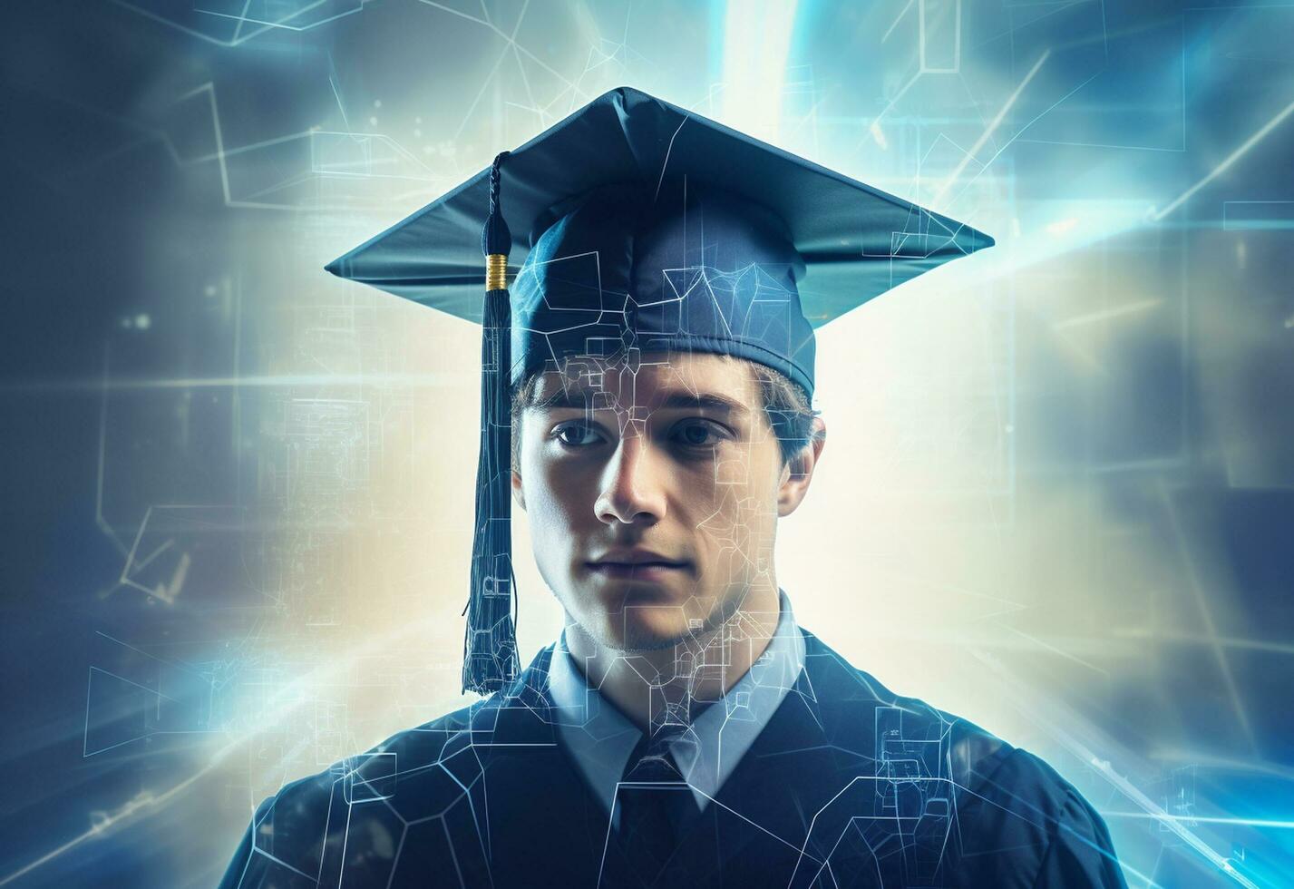 dubbele blootstelling foto van jong Mens met diploma uitreiking pet technologie achtergrond realistisch beeld