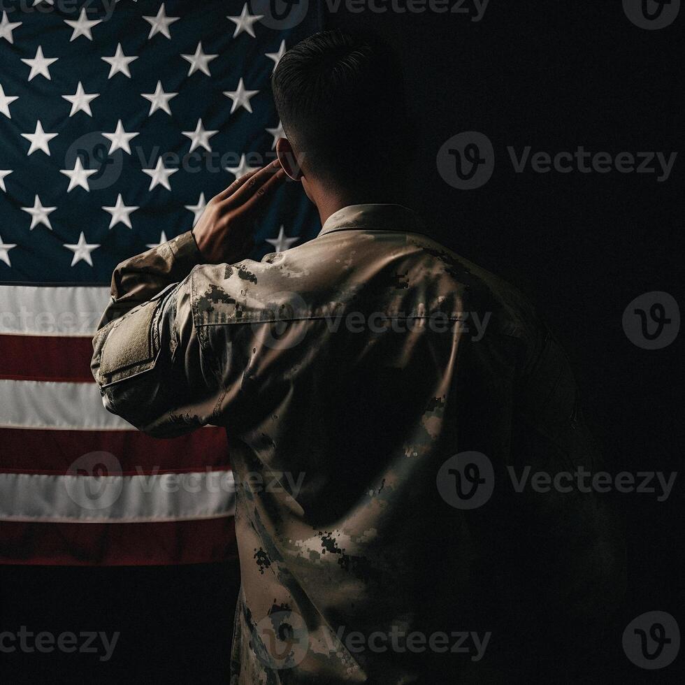 respect en eer een boeiend terug visie fotografie van leger groeten de Verenigde Staten van Amerika vlag, een eerbetoon naar patriottisme en offer generatief ai foto