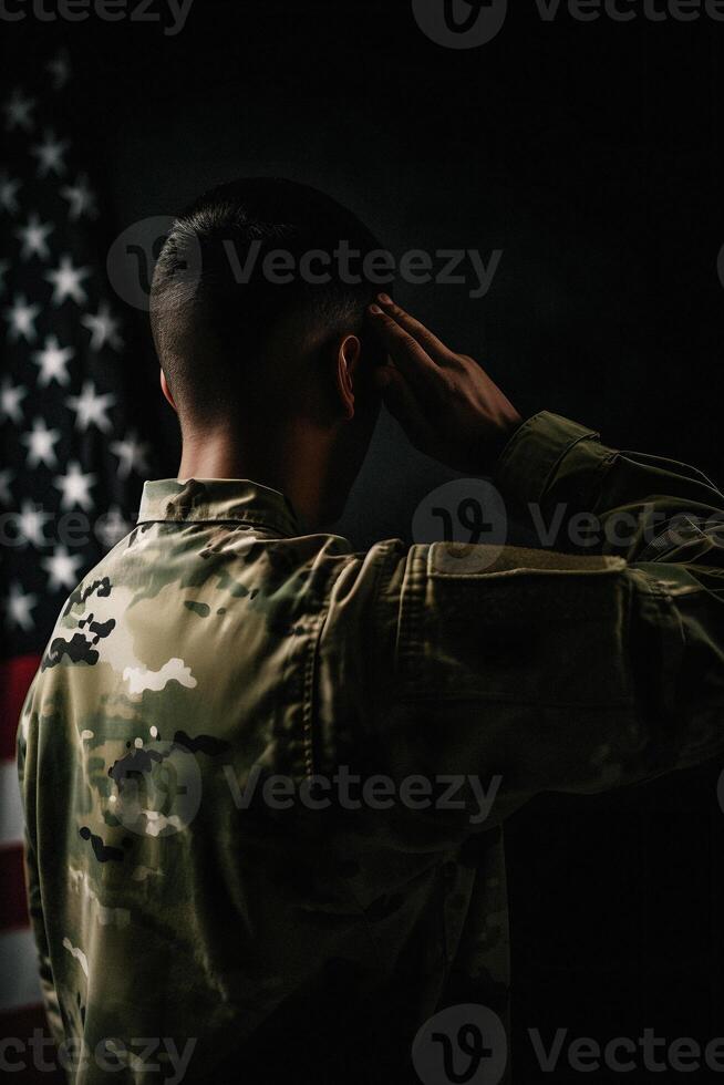 respect en eer een boeiend terug visie fotografie van leger groeten de Verenigde Staten van Amerika vlag, een eerbetoon naar patriottisme en offer generatief ai foto