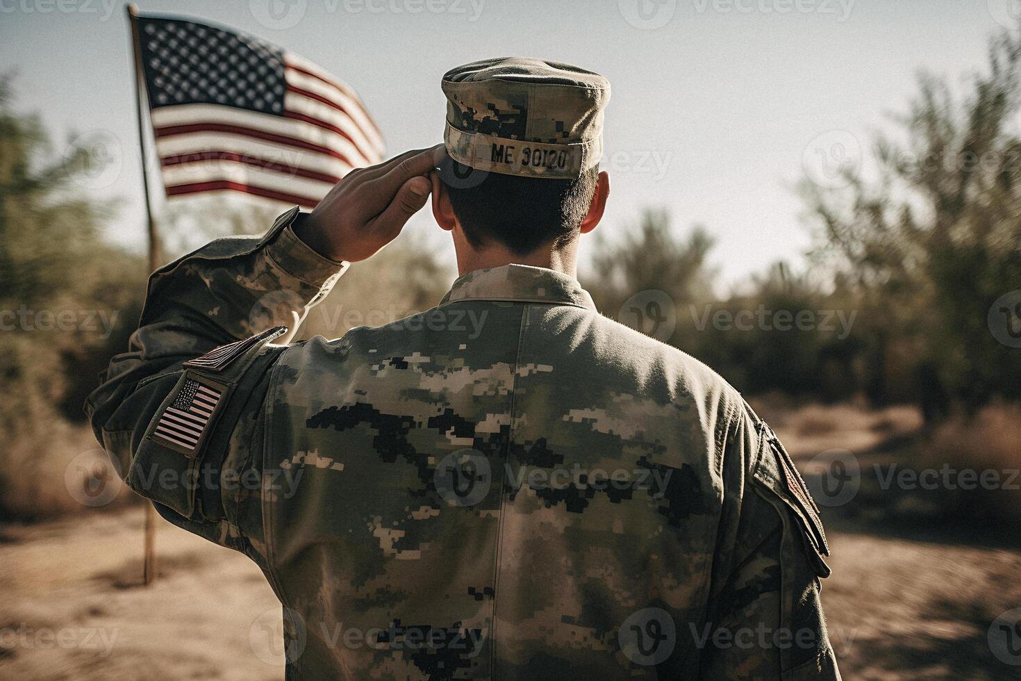 respect en eer een boeiend terug visie fotografie van leger groeten de Verenigde Staten van Amerika vlag, een eerbetoon naar patriottisme en offer generatief ai foto
