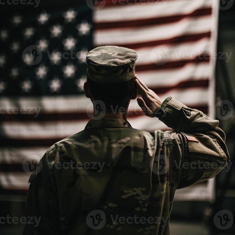 respect en eer een boeiend terug visie fotografie van leger groeten de Verenigde Staten van Amerika vlag, een eerbetoon naar patriottisme en offer generatief ai foto