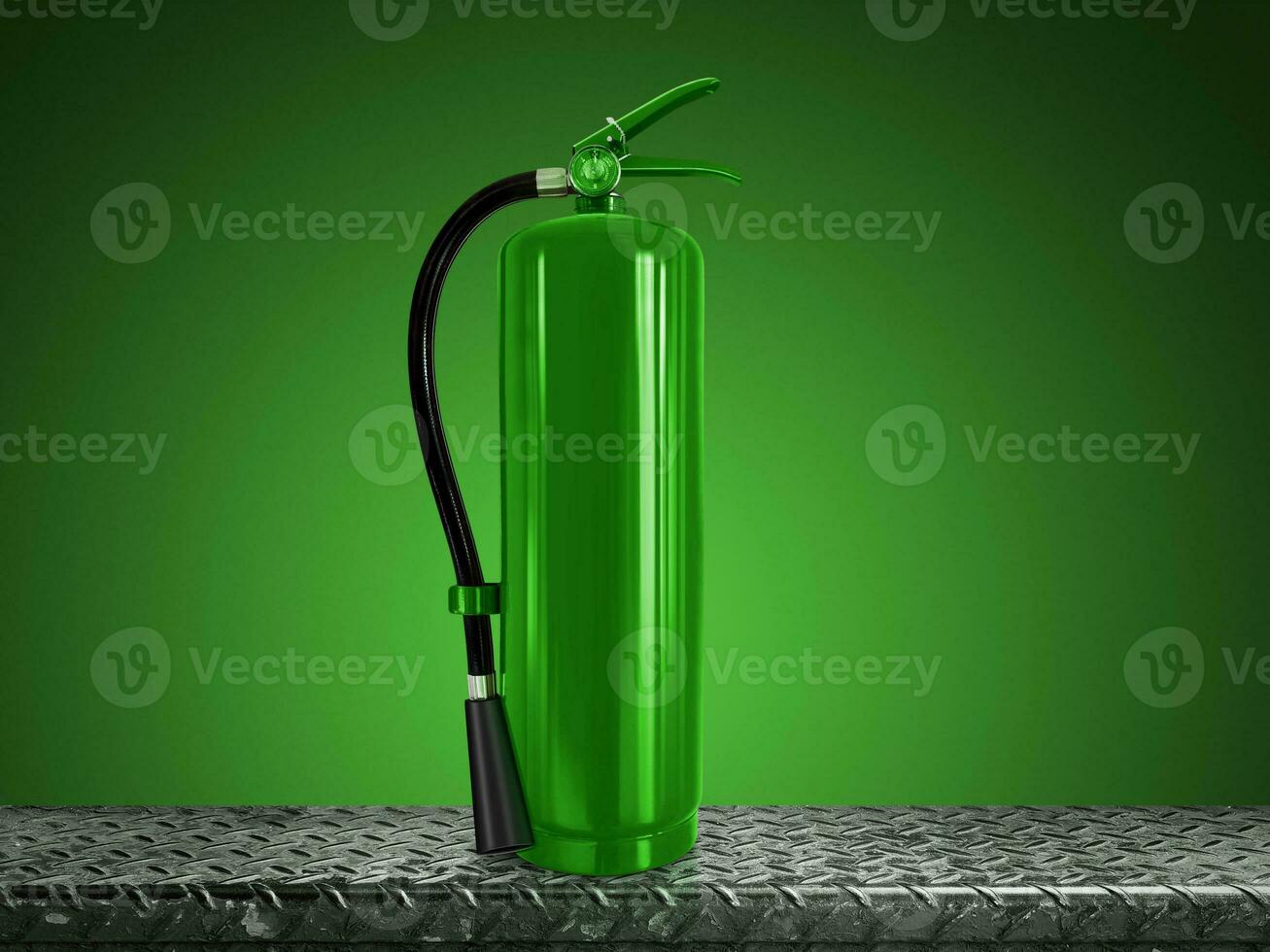 groen brand brandblusser Aan staal bord met een groen achtergrond foto