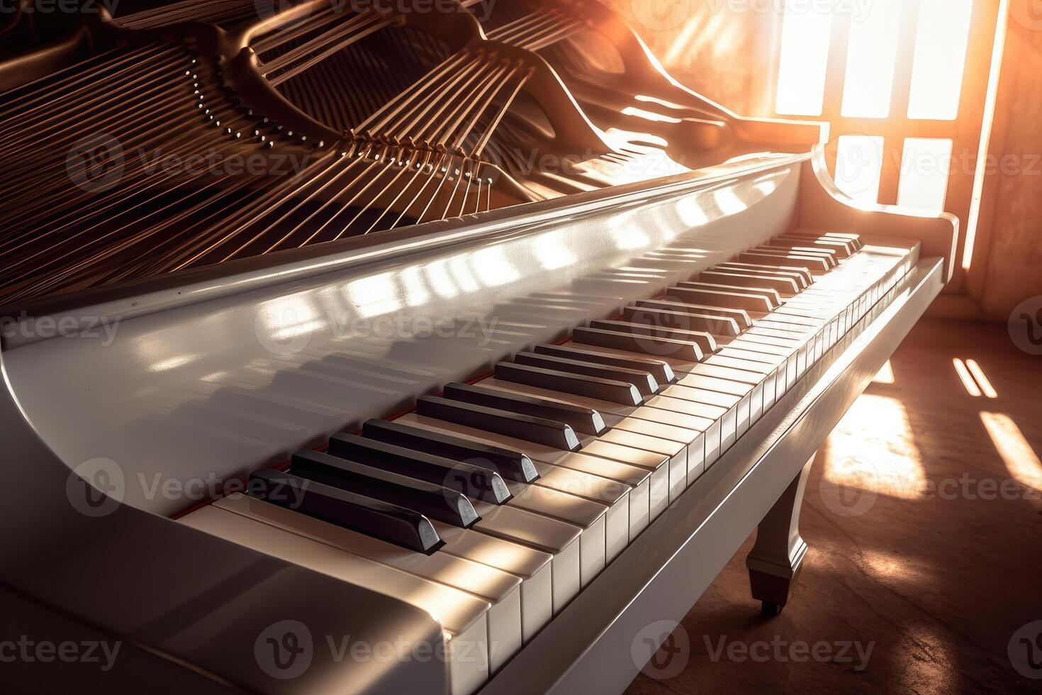 foto van een piano weerspiegeld in de zon stralen. generatief ai