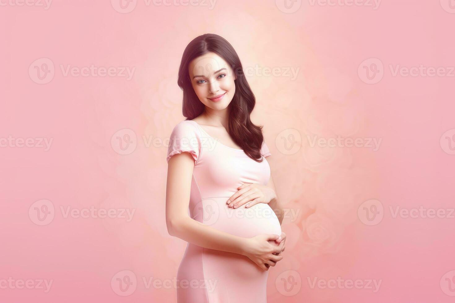 foto van zwanger vrouw in voorkant van roze achtergrond. generatief ai