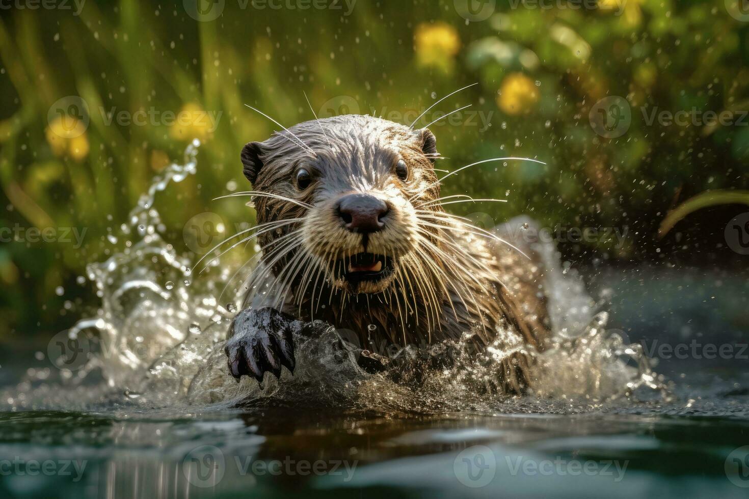 een detailopname foto van een Otter proberen naar maken haar nest in de water. generatief ai