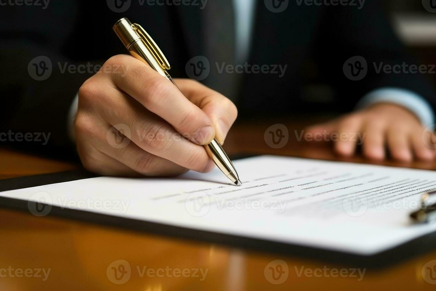 een dichtbij - omhoog schot van een zakenman ondertekening een bedrijf contract. generatief ai foto