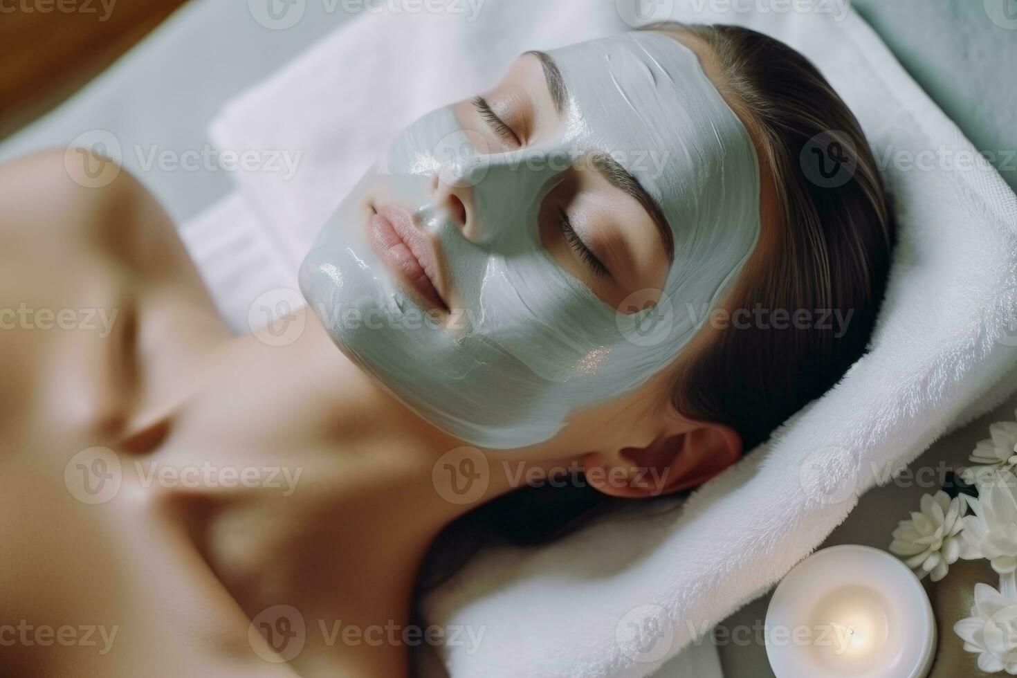 vrouw in masker Aan gezicht in spa schoonheid salon. antenne visie foto. generatief ai foto