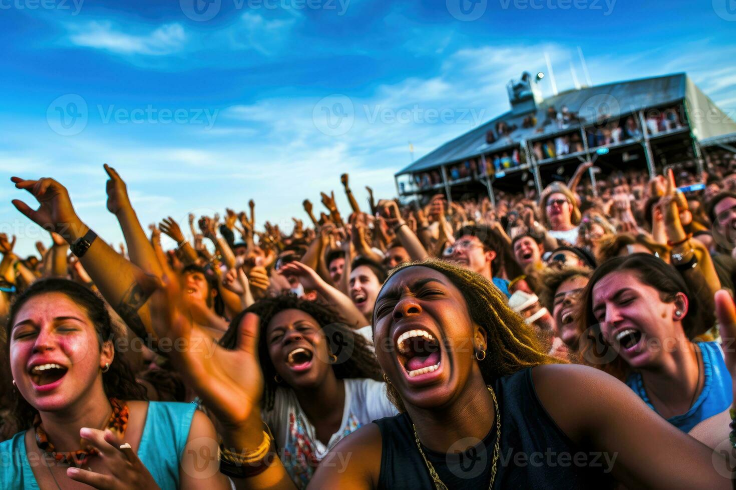 de levendig atmosfeer van een muziek- festival met een menigte van enthousiast fans juichen voor hun favoriete band. generatief ai foto