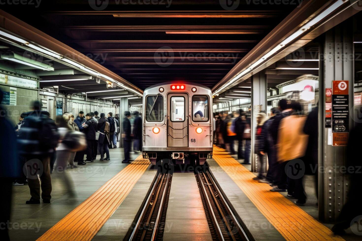 breed - hoek schot van een druk metro station gedurende stormloop uur, markeren de rendement en capaciteit van openbaar vervoer. generatief ai foto