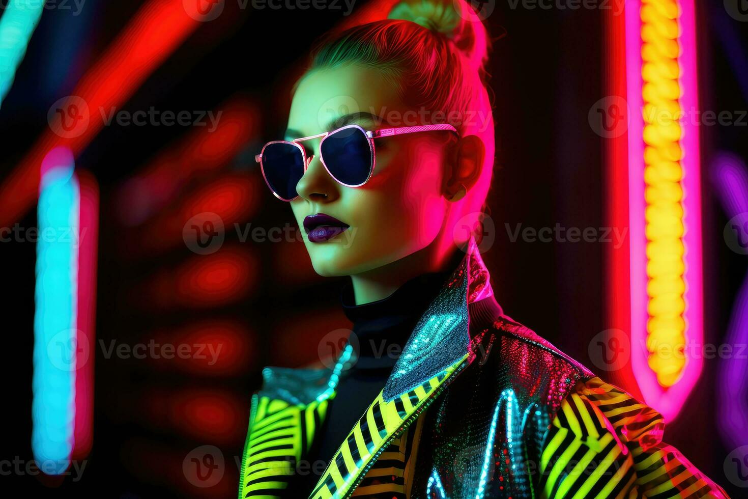 futuristische en elegant Jaren 80 mode vrouw model- poses in een plaats met neon meetkundig lichten achter haar. generatief ai foto