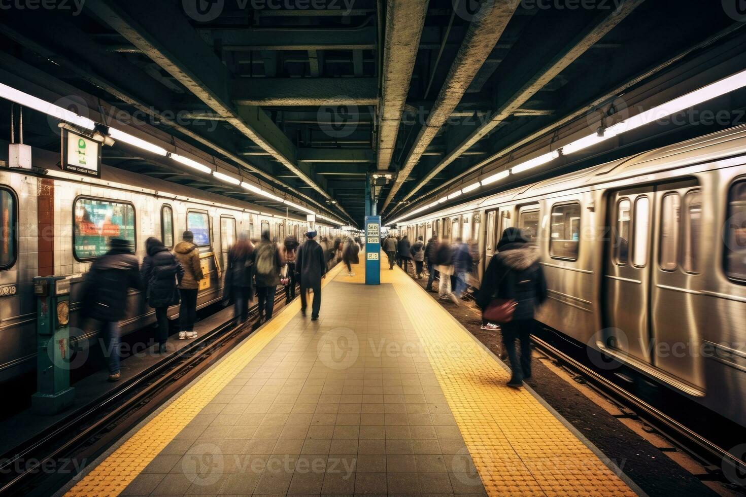 breed - hoek schot van een druk metro station gedurende stormloop uur, markeren de rendement en capaciteit van openbaar vervoer. generatief ai foto