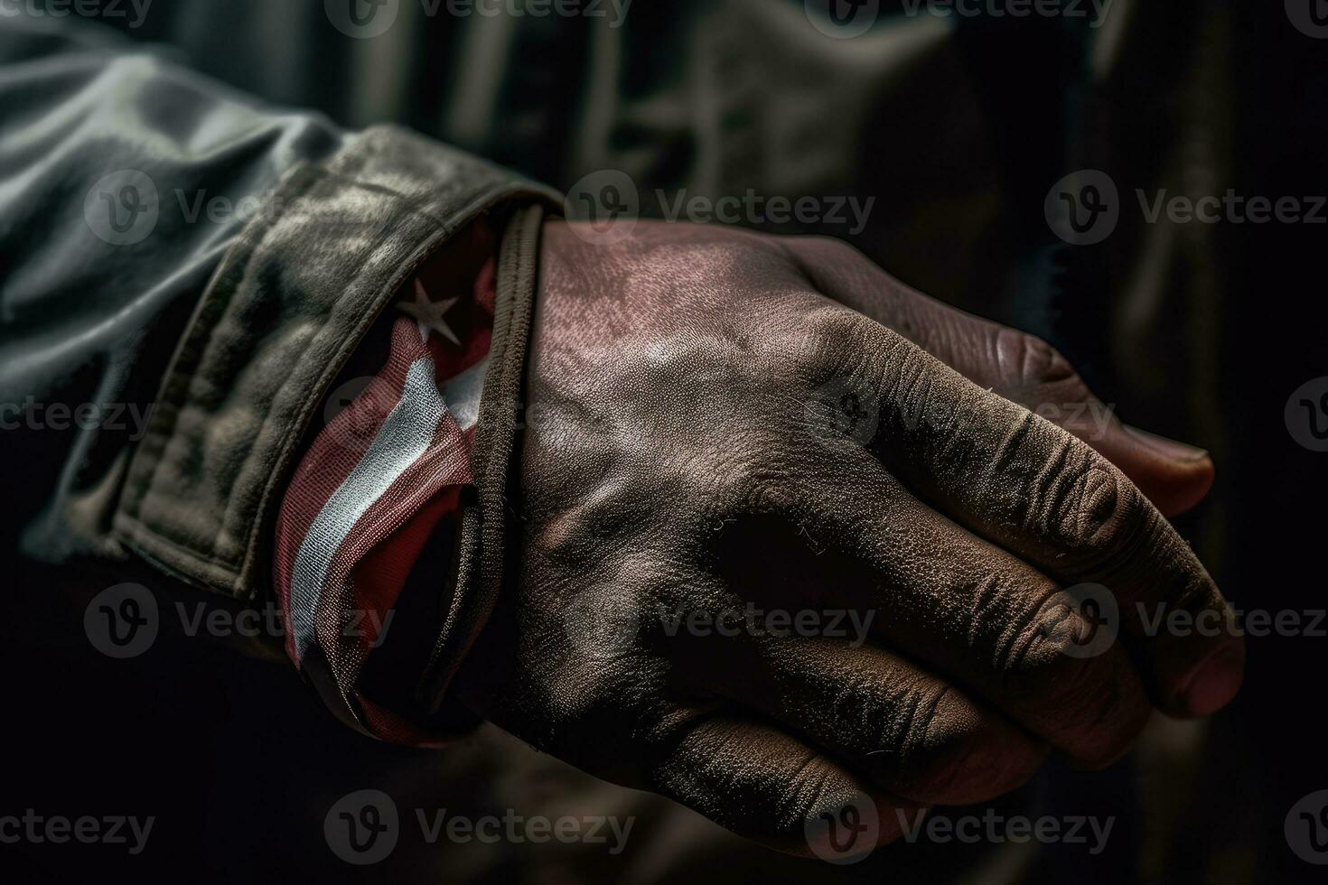 een dichtbij - omhoog foto van een Amerikaans soldaat hand- Holding een gevouwen Amerikaans vlag, vertegenwoordigen eer en offer. generatief ai