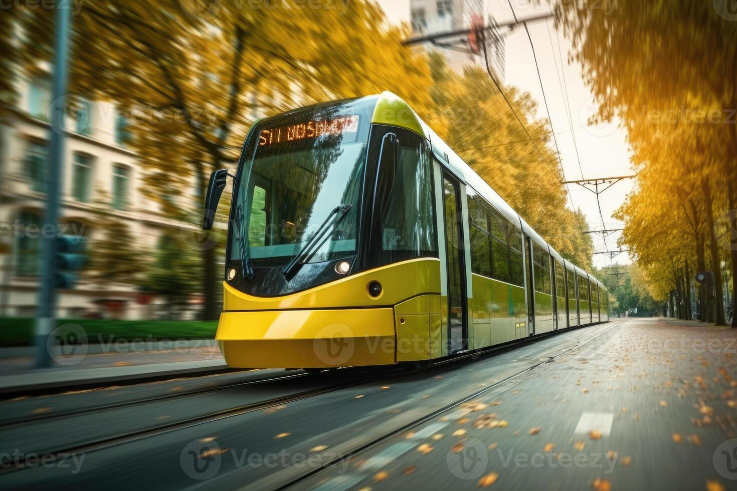 laag - hoek schot van een modern elektrisch tram voorbijgaan door, presentatie van de eco - vriendelijk natuur van openbaar vervoer. generatief ai foto