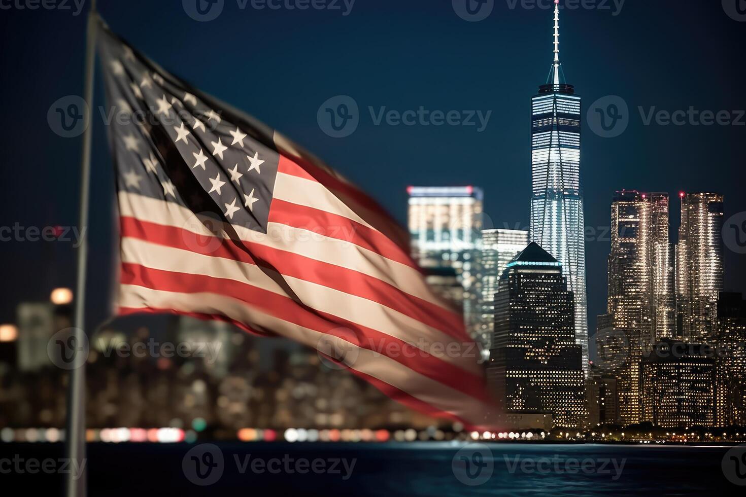 een dichtbij - omhoog schot van een Amerikaans vlag voorzichtig golvend in de voorgrond, met de iconisch nieuw york stad horizon verlichte in de achtergrond. generatief ai foto