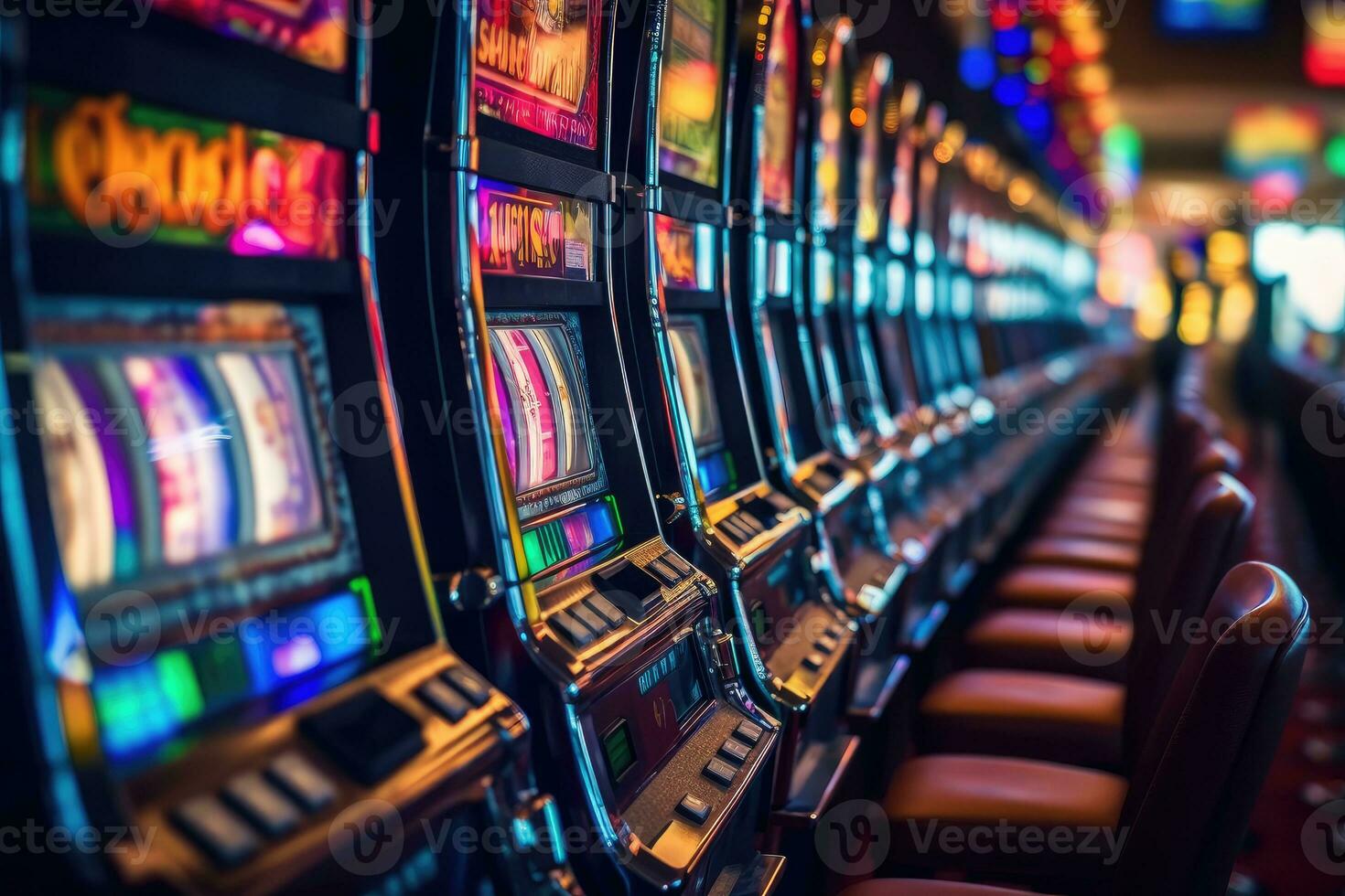 een dichtbij - omhoog schot van een rij van sleuf machines in een casino, presentatie van hun knippert lichten en uitnodigend toetsen. generatief ai foto
