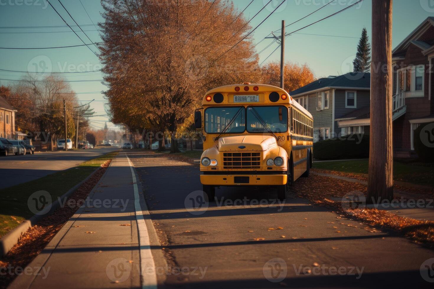 een breed - hoek schot van een school- bus hou op teken met een leeg trottoir in de achtergrond. generatief ai foto