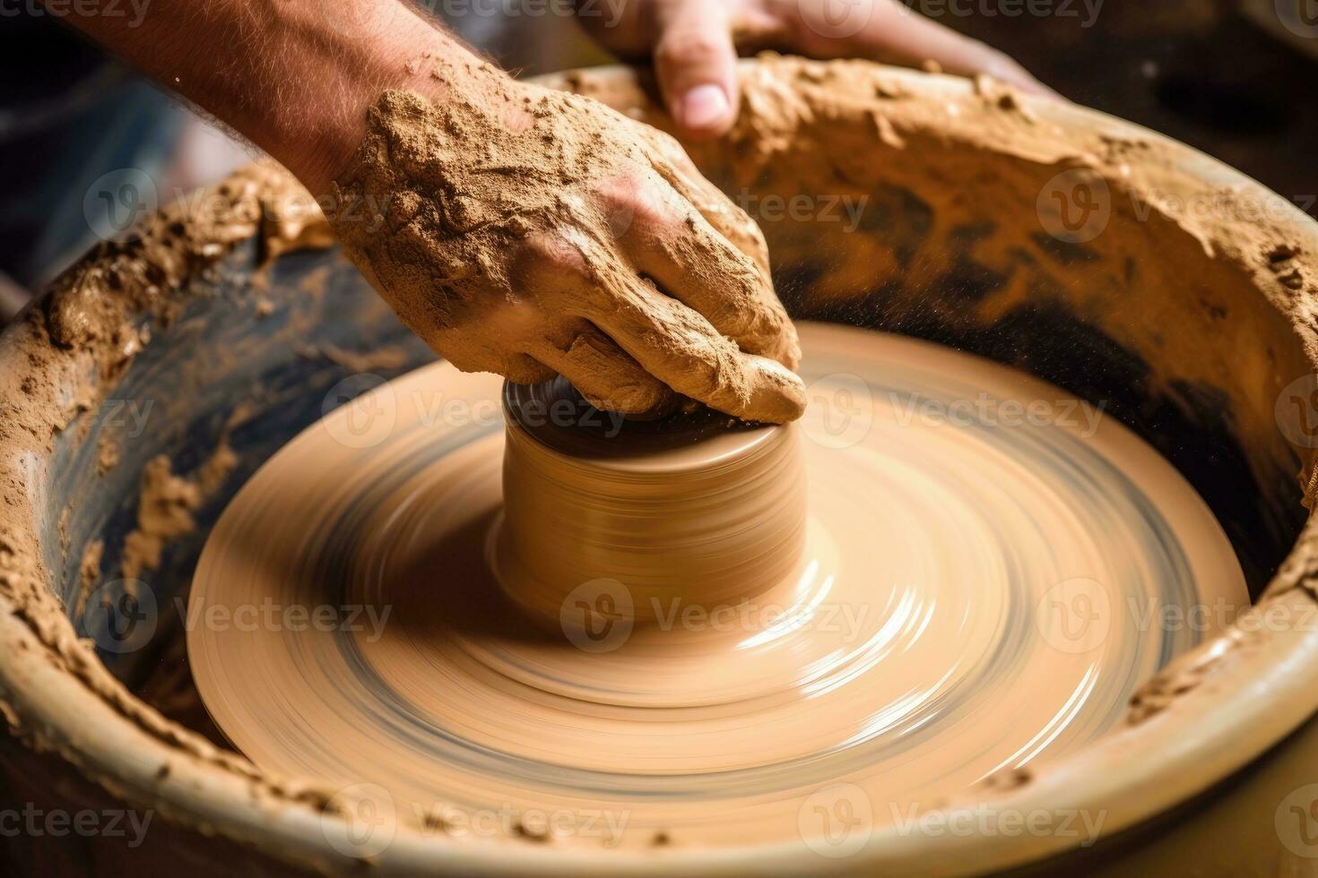 een top - visie foto van een pottenbakker wiel in beweging, presentatie van de spinnen beweging en de geschoold handen van de pottenbakker. generatief ai