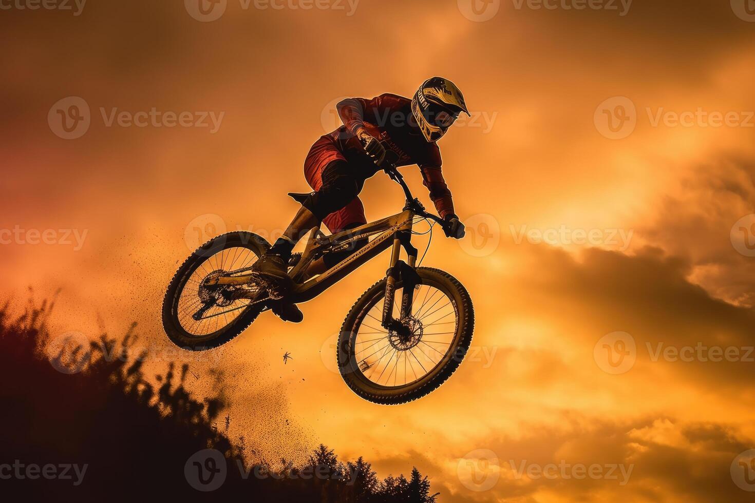 een dichtbij - omhoog visie van de silhouet van een Mens Aan een fiets jumping in de gouden zonsondergang. generatief ai foto