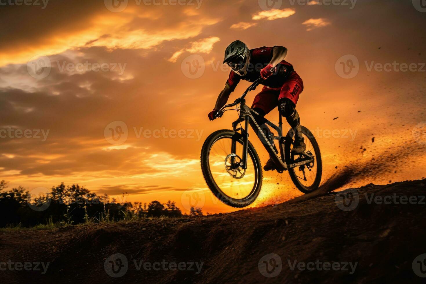 een dichtbij - omhoog visie van de silhouet van een Mens Aan een fiets jumping in de gouden zonsondergang. generatief ai foto