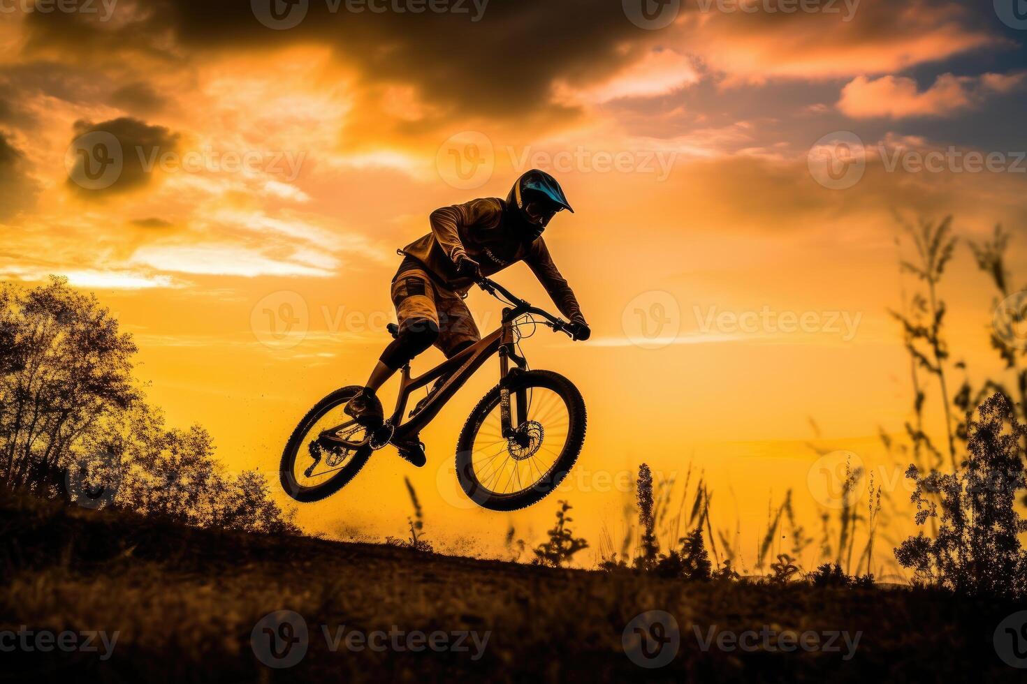 een dichtbij - omhoog visie van de silhouet van een Mens Aan een fiets jumping in de gouden zonsondergang. generatief ai foto