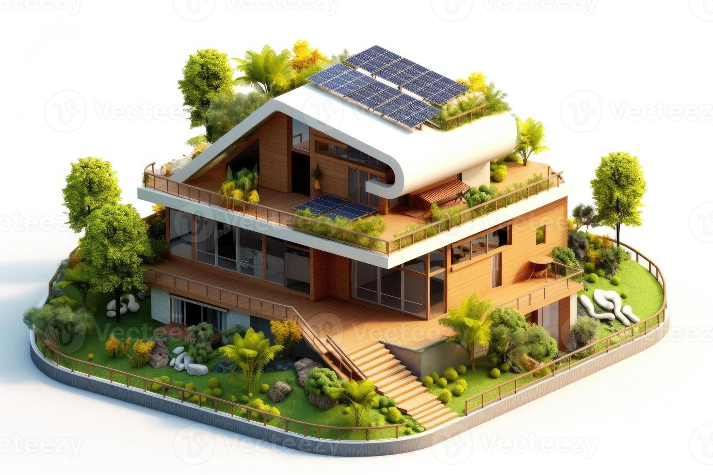 eco - vriendelijk huis met een modern ontwerp en een sterk nadruk Aan duurzaamheid. 3d veroorzaken. generatief ai foto