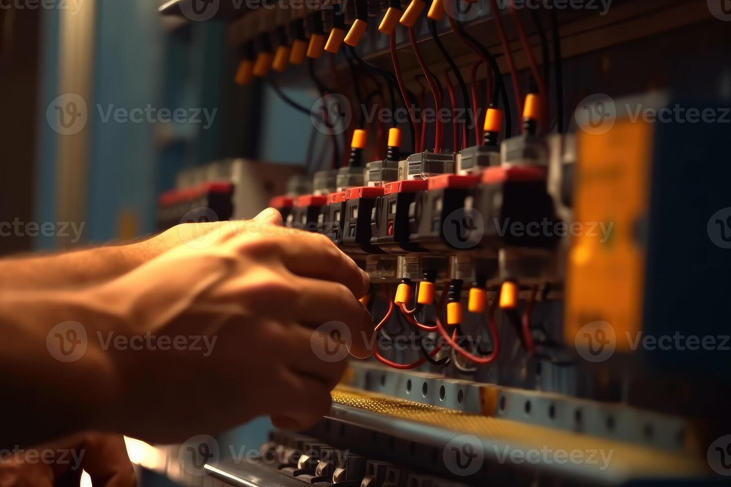 een ingenieur reparaties een controle paneel met complex elektrisch bedrading. generatief ai foto