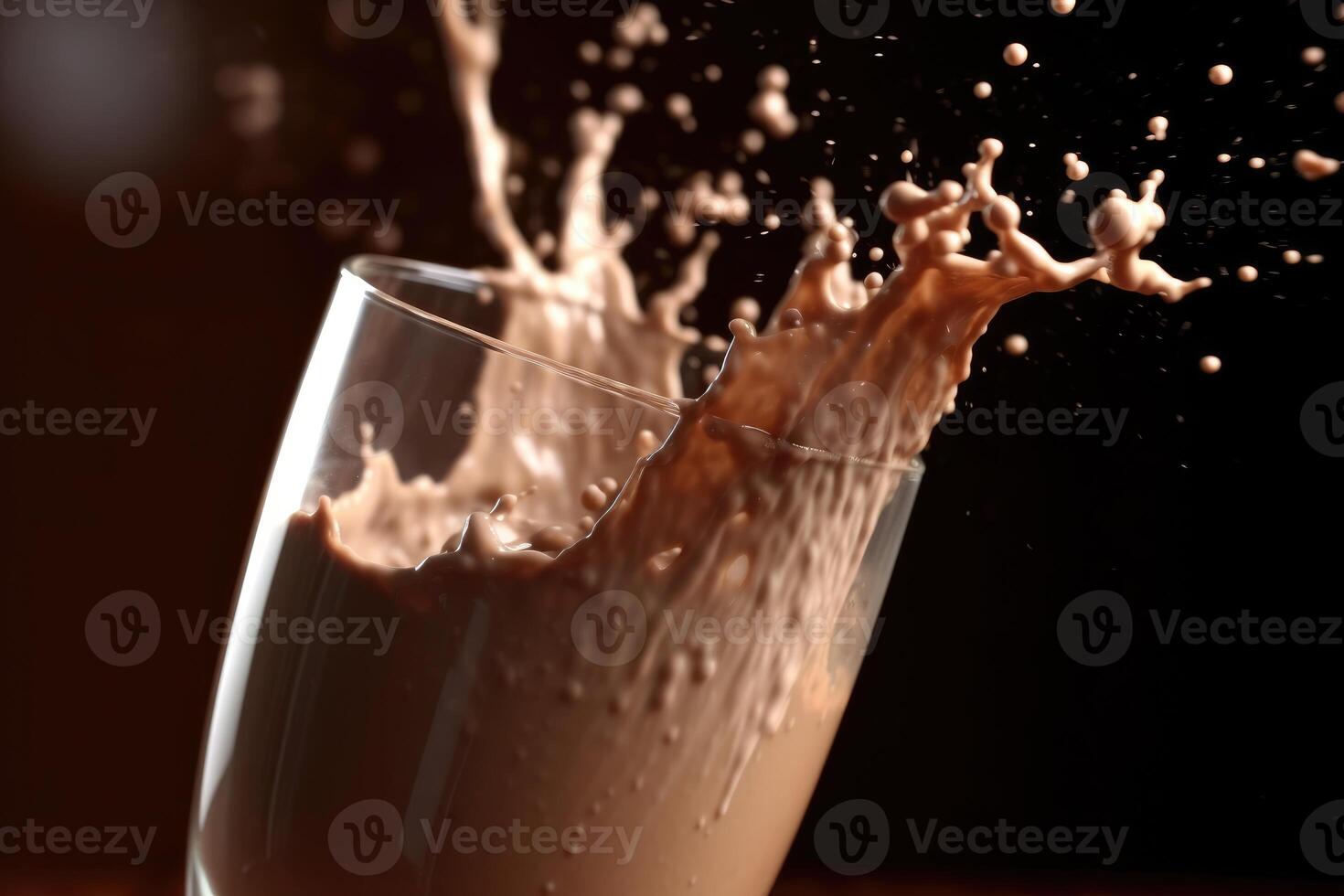 een dichtbij - omhoog schot van een lepel van chocola siroop wezen gemotregend in een glas van melk, creëren een kolken van chocola in de lucht. generatief ai foto