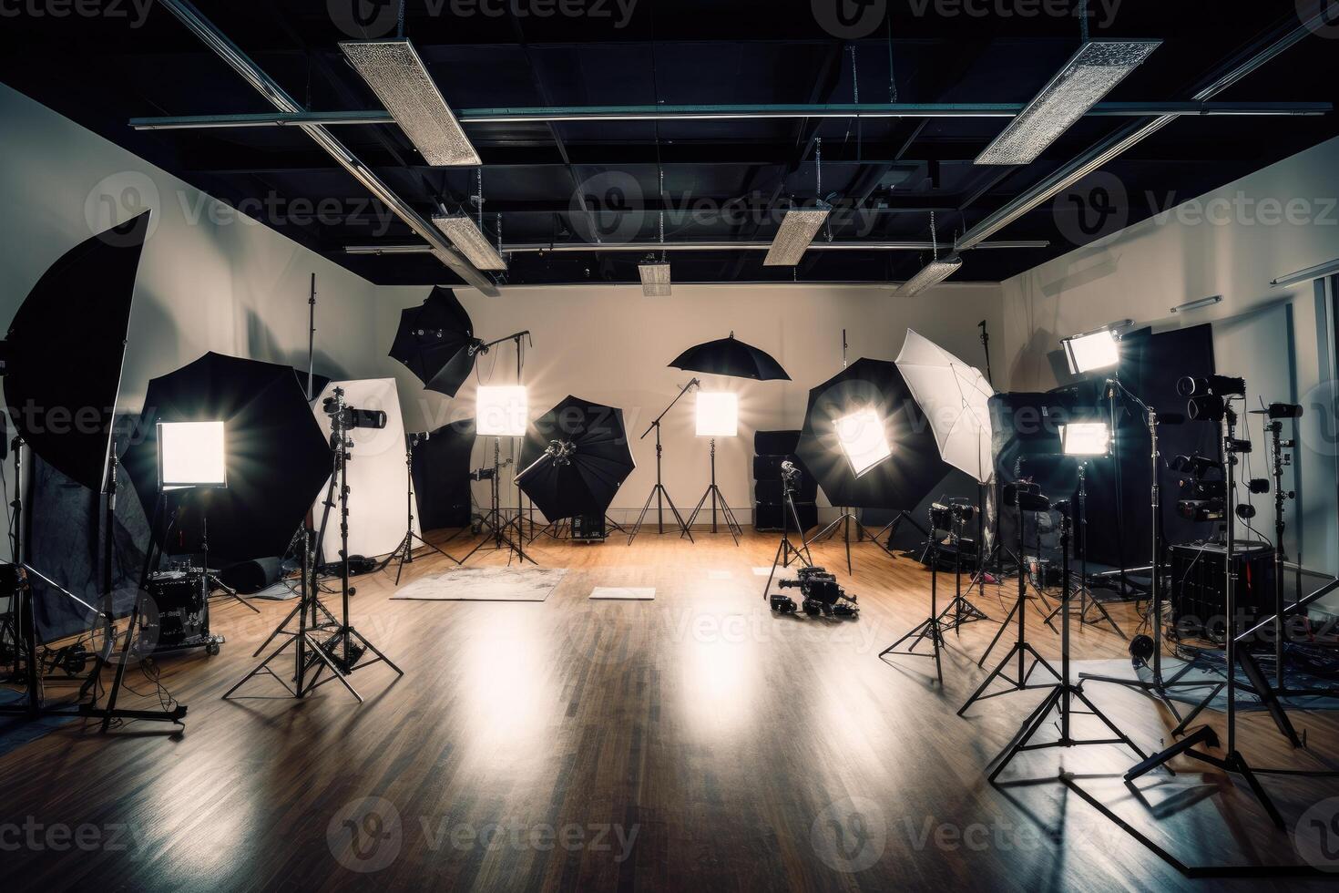 een dichtbij - omhoog visie van een modern foto studio, presentatie van de professioneel uitrusting en opstelling. generatief ai