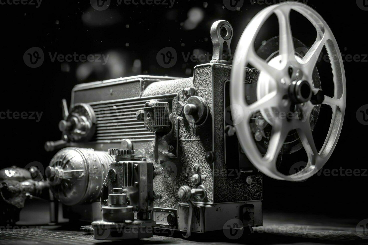 een filmisch, monochroom schot van een onbeheerd wijnoogst projector gieten afbeeldingen op de scherm. generatief ai foto