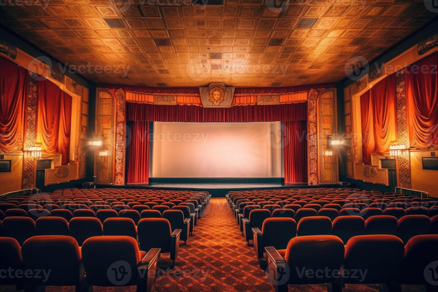 een sfeervol instelling van een oud - fashioned film theater. de vaag lit gehoorzaal, versierd met fluweel gordijnen. generatief ai foto