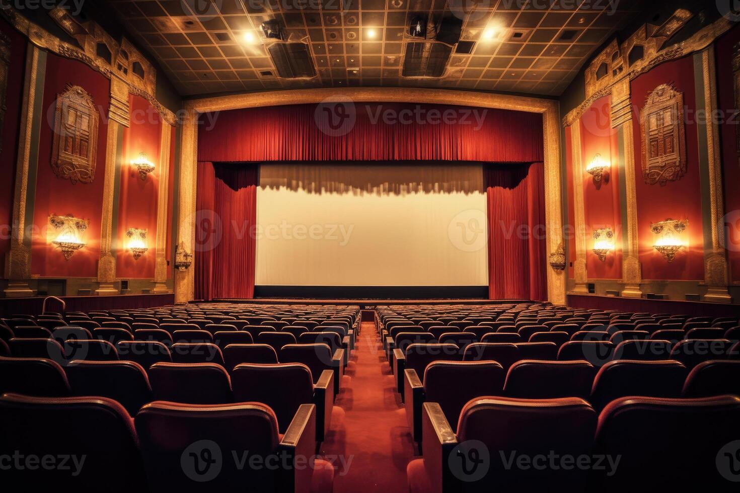 een sfeervol instelling van een oud - fashioned film theater. de vaag lit gehoorzaal, versierd met fluweel gordijnen. generatief ai foto