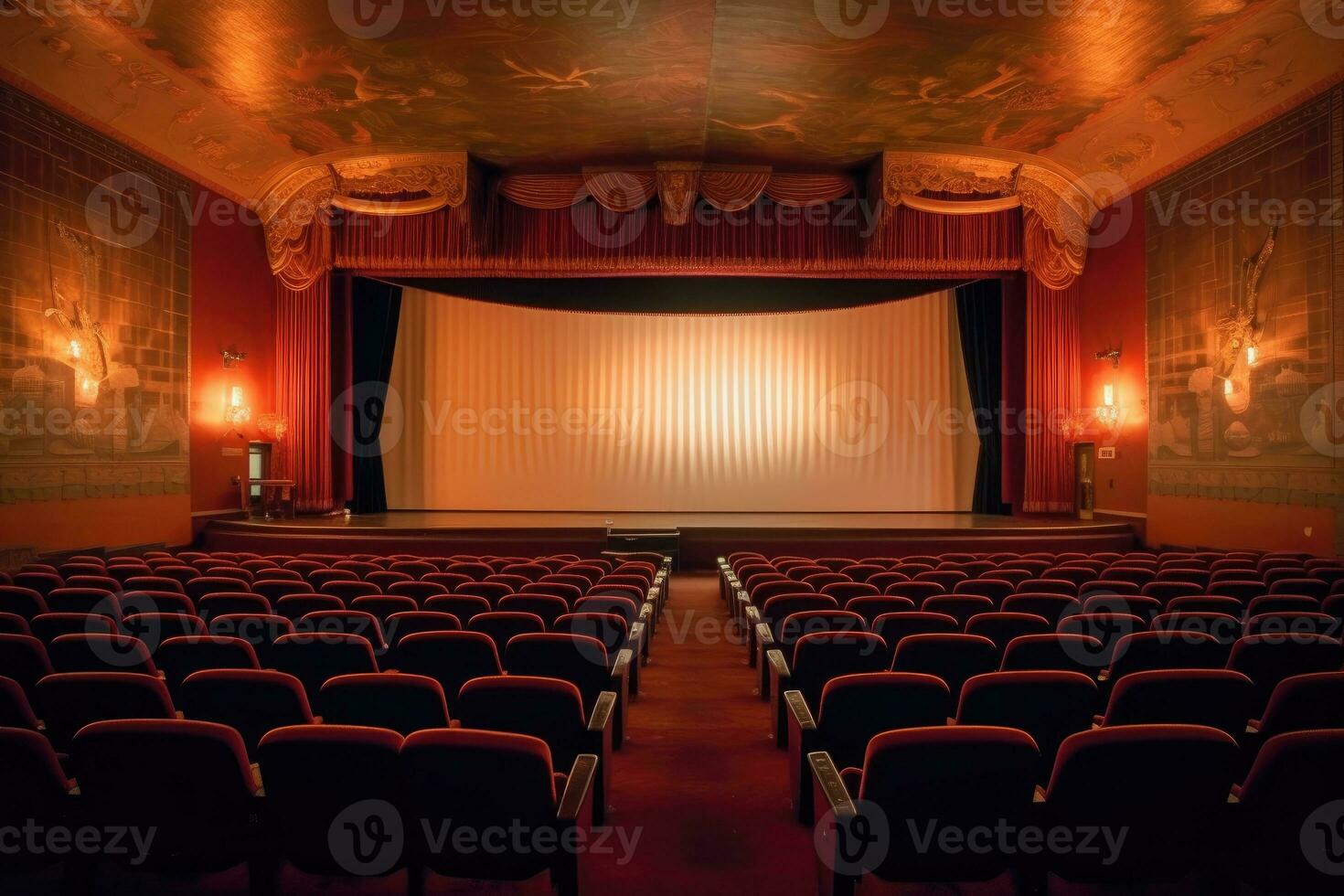 een sfeervol instelling van een oud - fashioned film theater. de vaag lit gehoorzaal, versierd met fluweel gordijnen. generatief ai foto