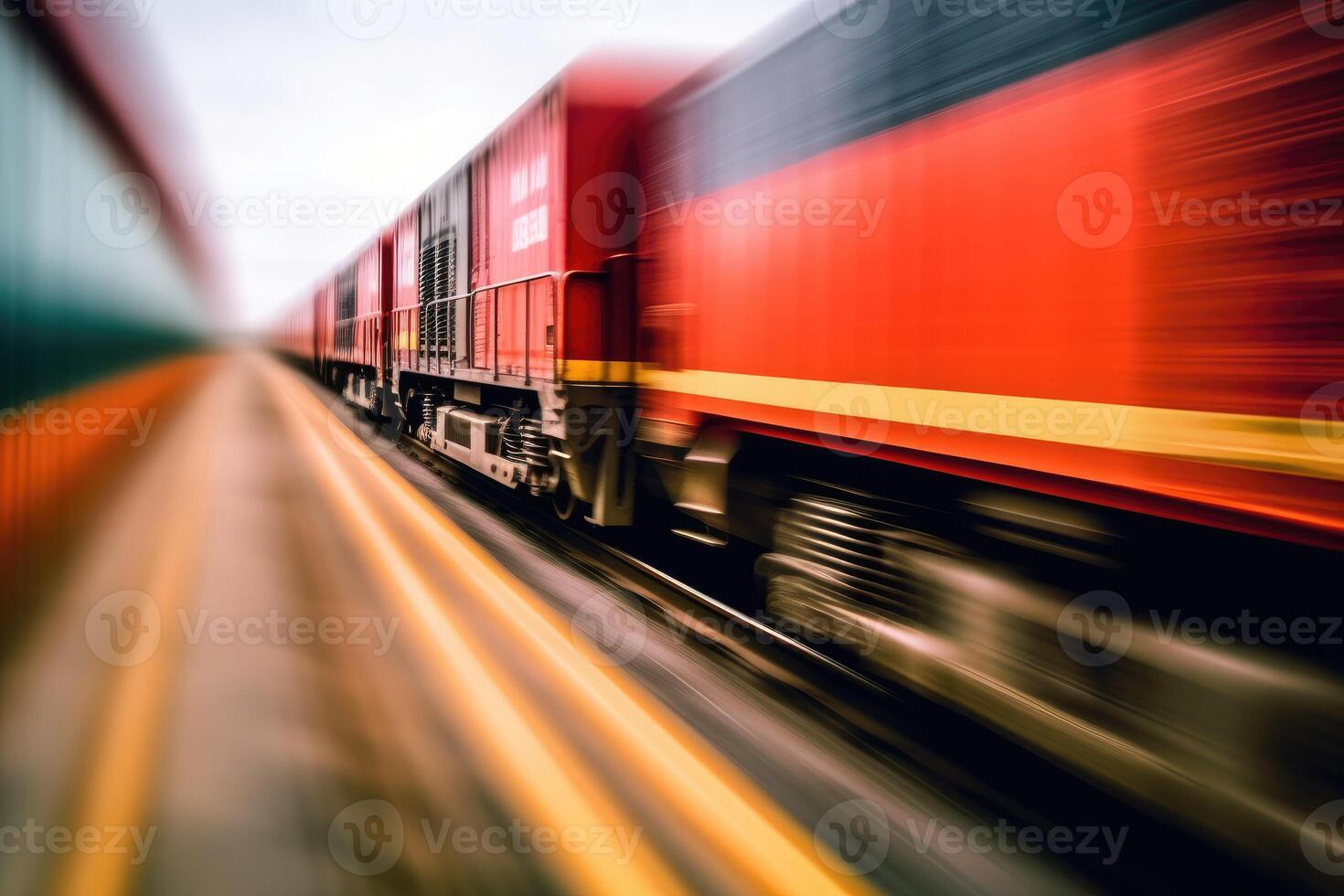 dichtbij - omhoog visie van een lading trein met beweging vervagen, symboliseert de snel en doeltreffend vervoer van goederen. generatief ai foto