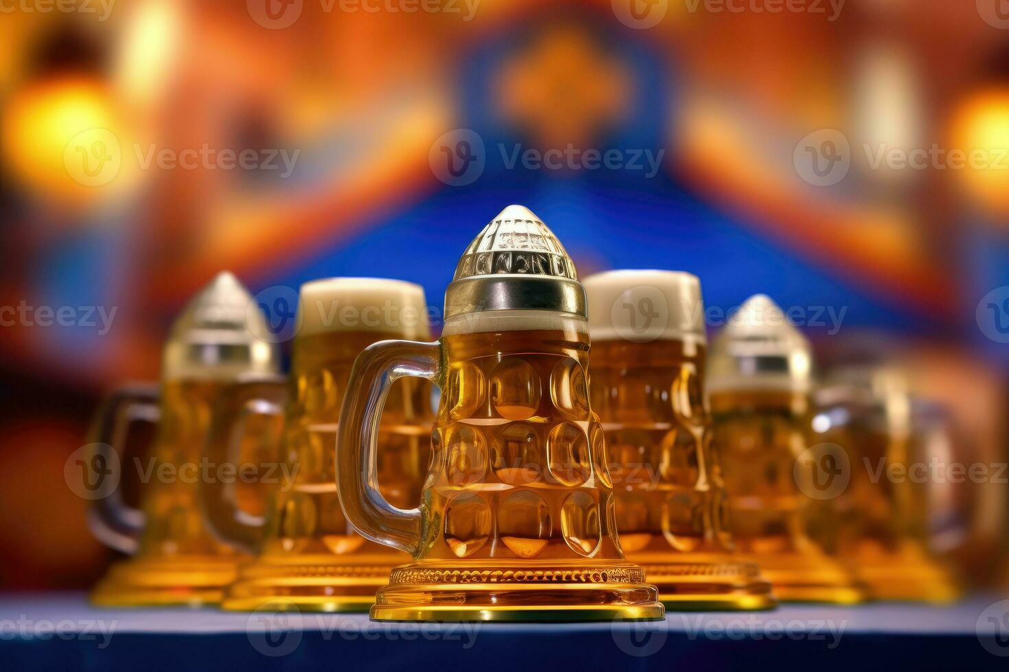 een piramide gemaakt van bier stenen bierkroezen, een uniek zicht Bij oktoberfeest. generatief ai foto