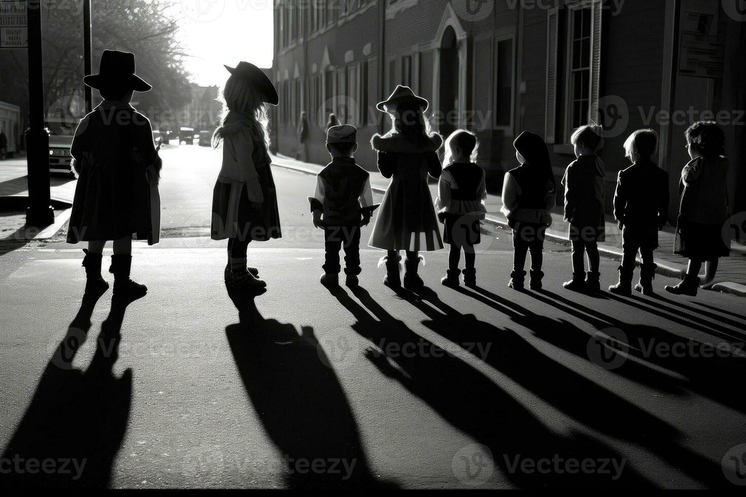 de silhouetten van kinderen in divers kostuums paraderen Aan de straat. generatief ai foto