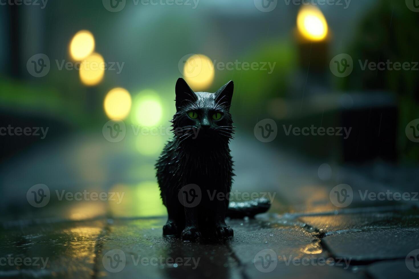 een dichtbij - omhoog van een zwart kat standbeeld met verlichte groen ogen, geplaatst in de voorgrond van een maanverlicht, mistig pad. generatief ai foto