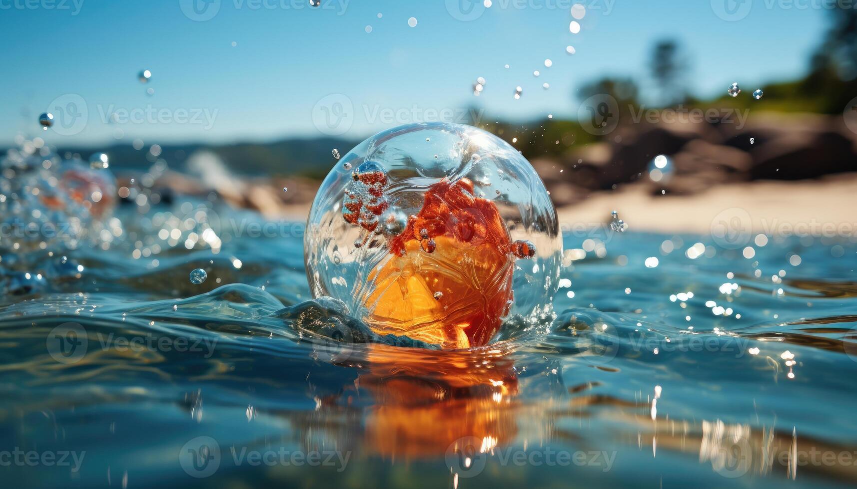 levendig zomer - strand bal stuiteren Aan zwembad water gedurende feest. generatief ai foto