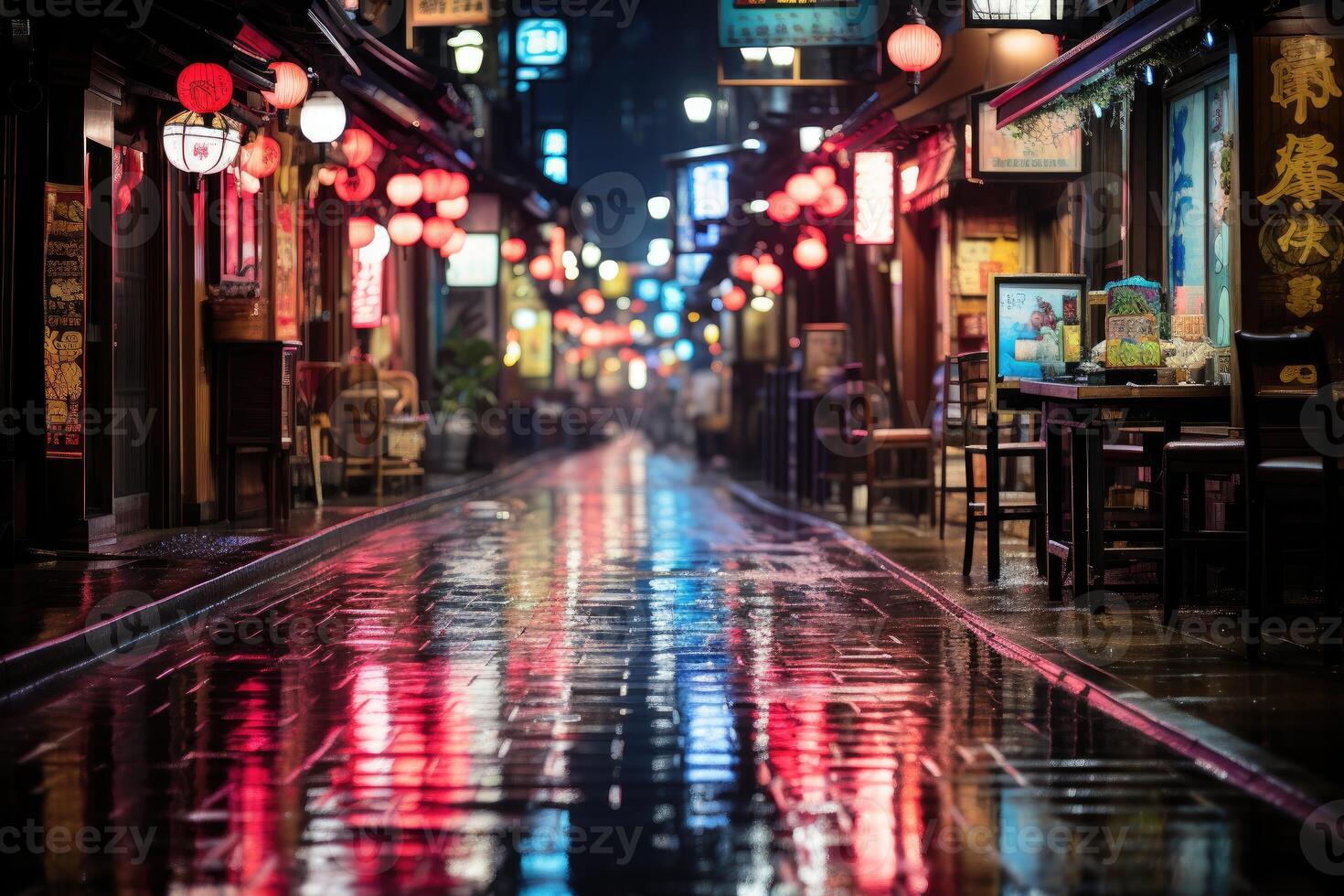 neon reflectie - regenachtig nacht in een levendig tokyo straat. generatief ai foto