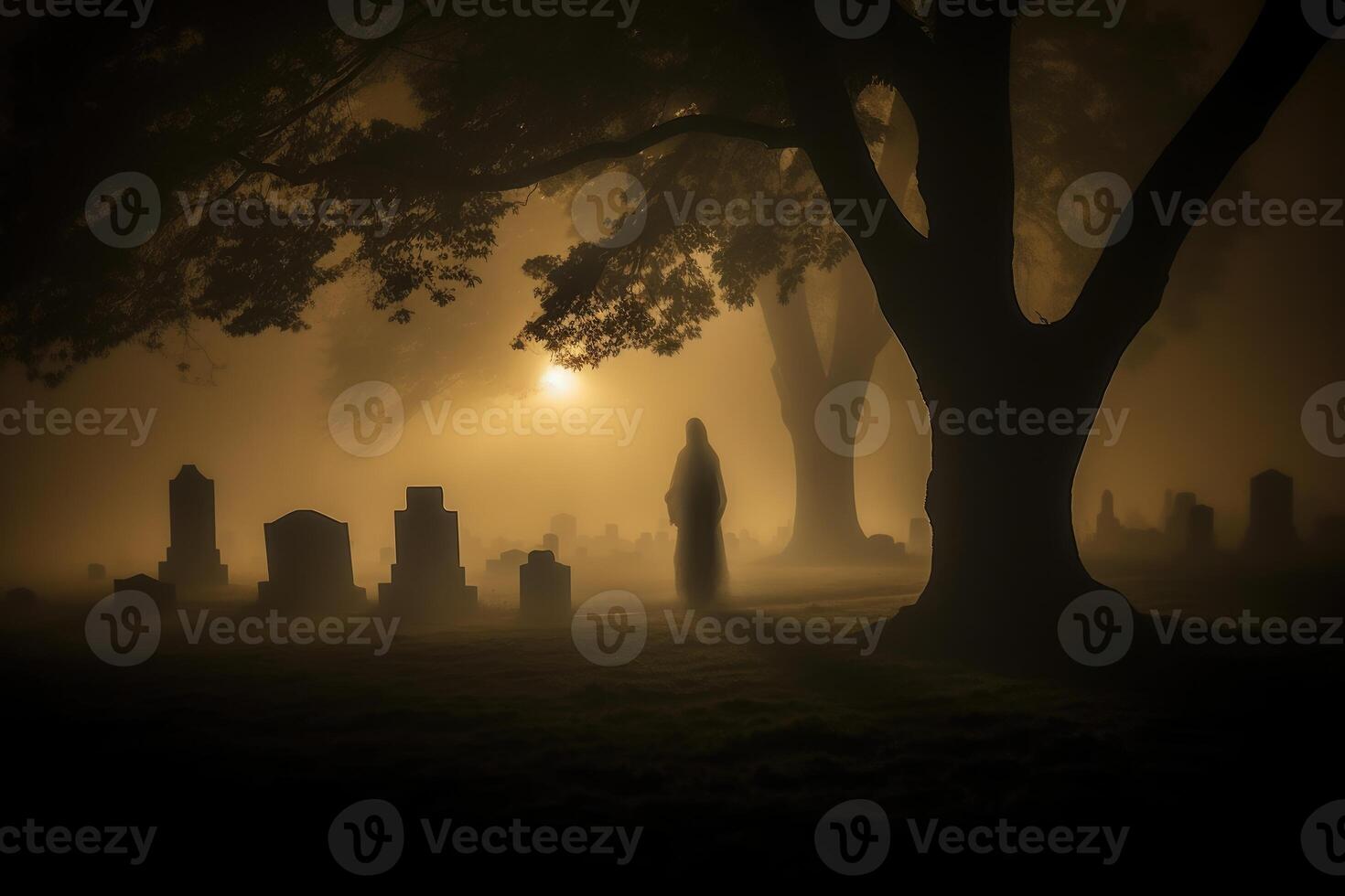 een griezelig schot genomen Bij de beroerte van middernacht, vastleggen de mist - Laden backdrop van een begraafplaats. generatief ai foto