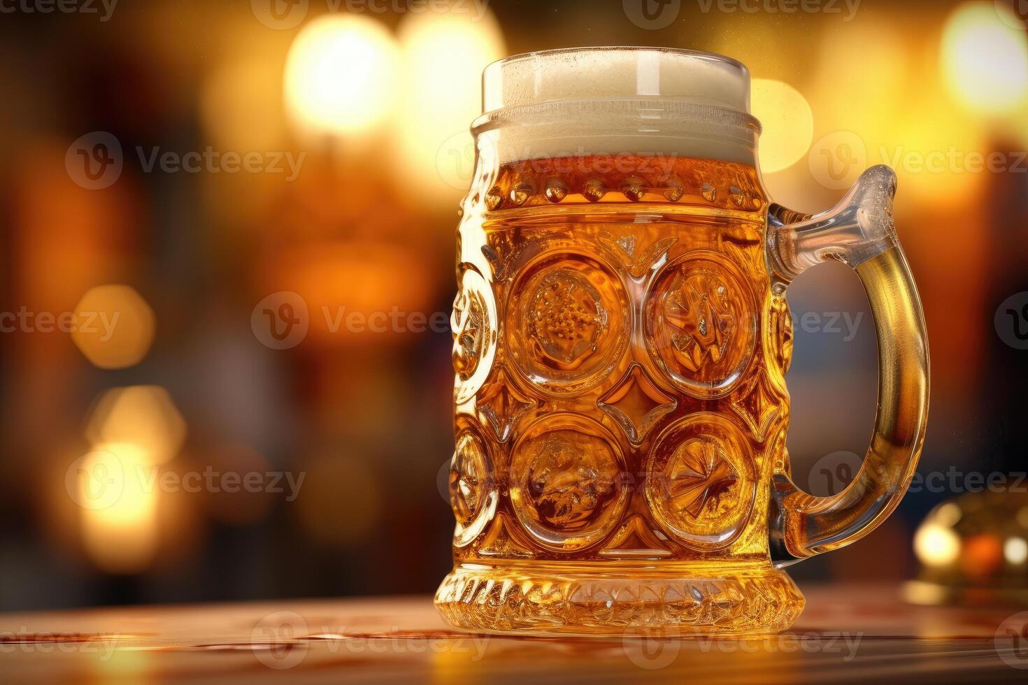 een dichtbij - omhoog foto van een traditioneel oktoberfeest bier stein gevulde met schuimig bier. generatief ai