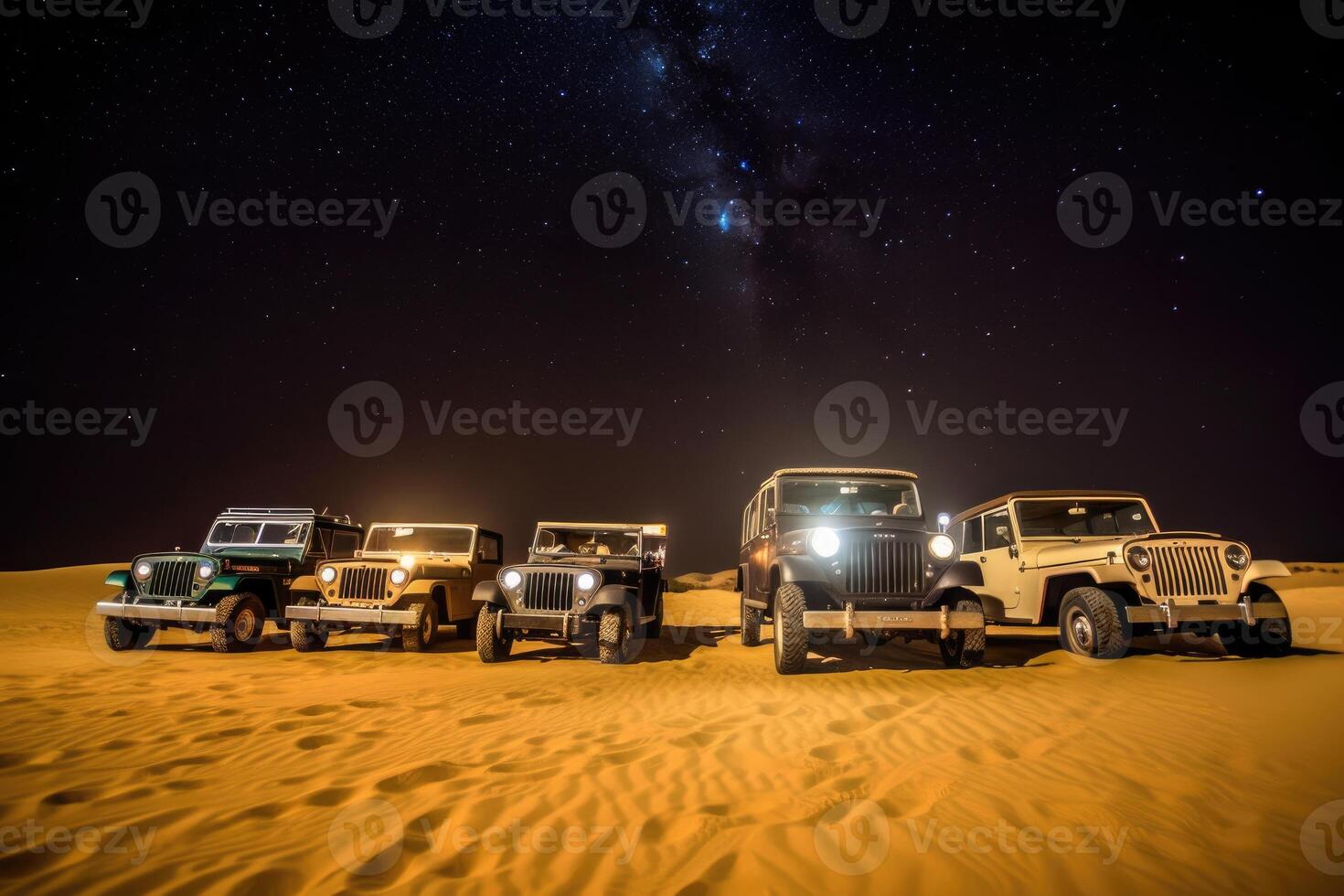 in een uitgestrekt woestijn onder de Doorzichtig nacht lucht, een konvooi van wijnoogst uit - weg voertuigen. generatief ai foto