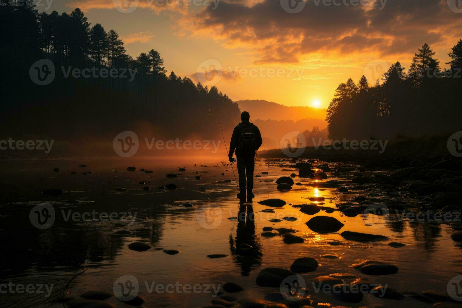 silhouet van een visser Bij schemer staand Bij de rand van een meer. generatief ai foto