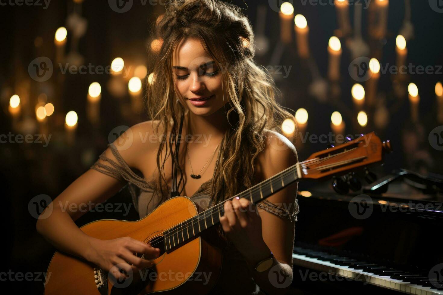 een jong gitarist musicus presteert Aan een vaag lit fase. generatief ai foto