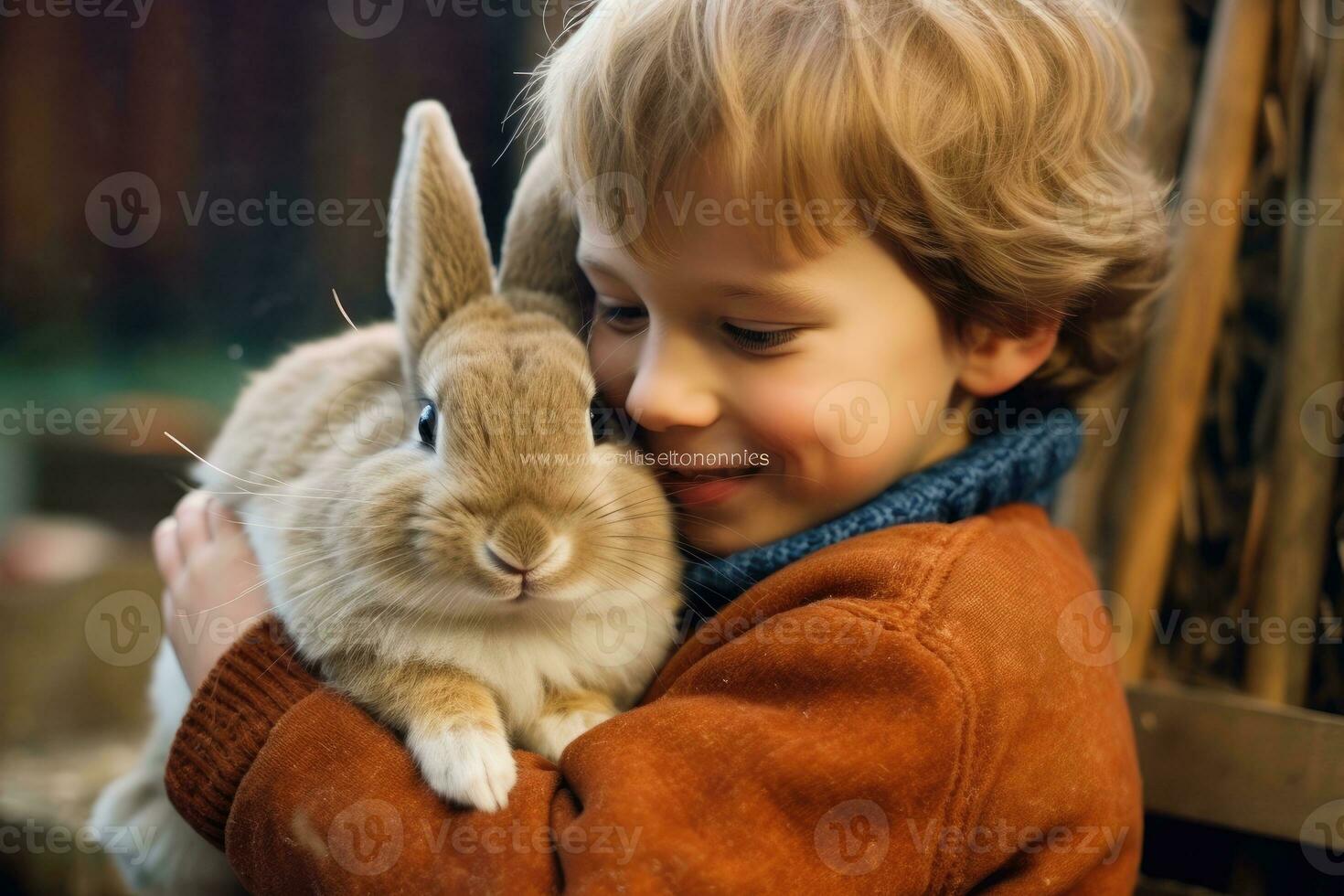 een kind fascinatie en teder wisselwerking met een konijn. generatief ai foto