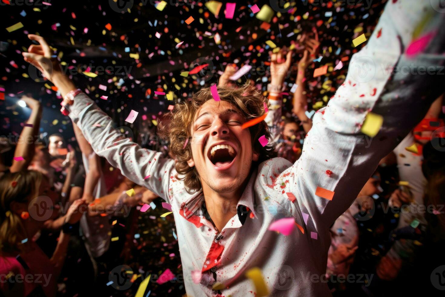 een energiek menigte schot Bij een verjaardag partij, met confetti vliegend door de lucht. generatief ai foto