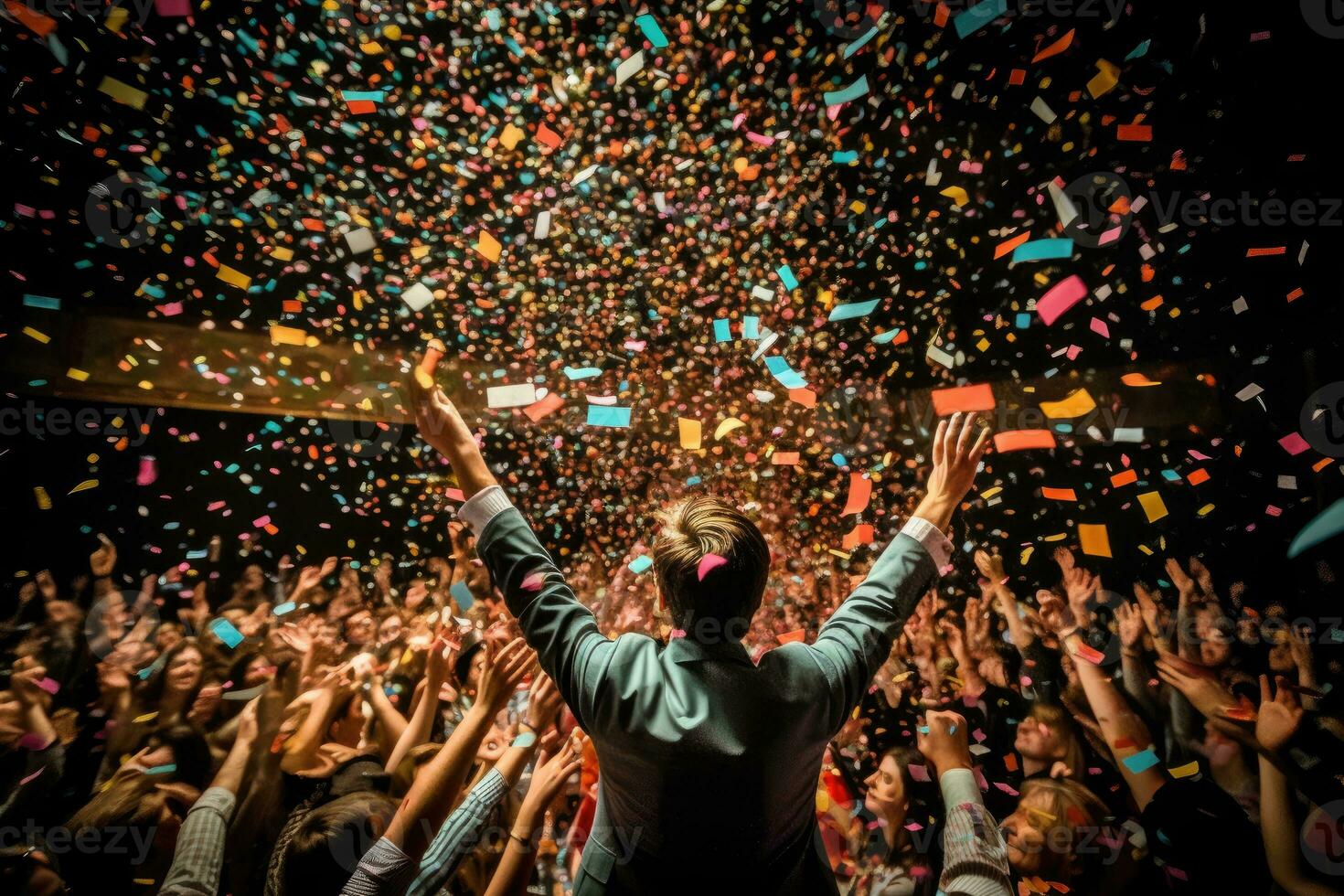 een energiek menigte schot Bij een verjaardag partij, met confetti vliegend door de lucht. generatief ai foto