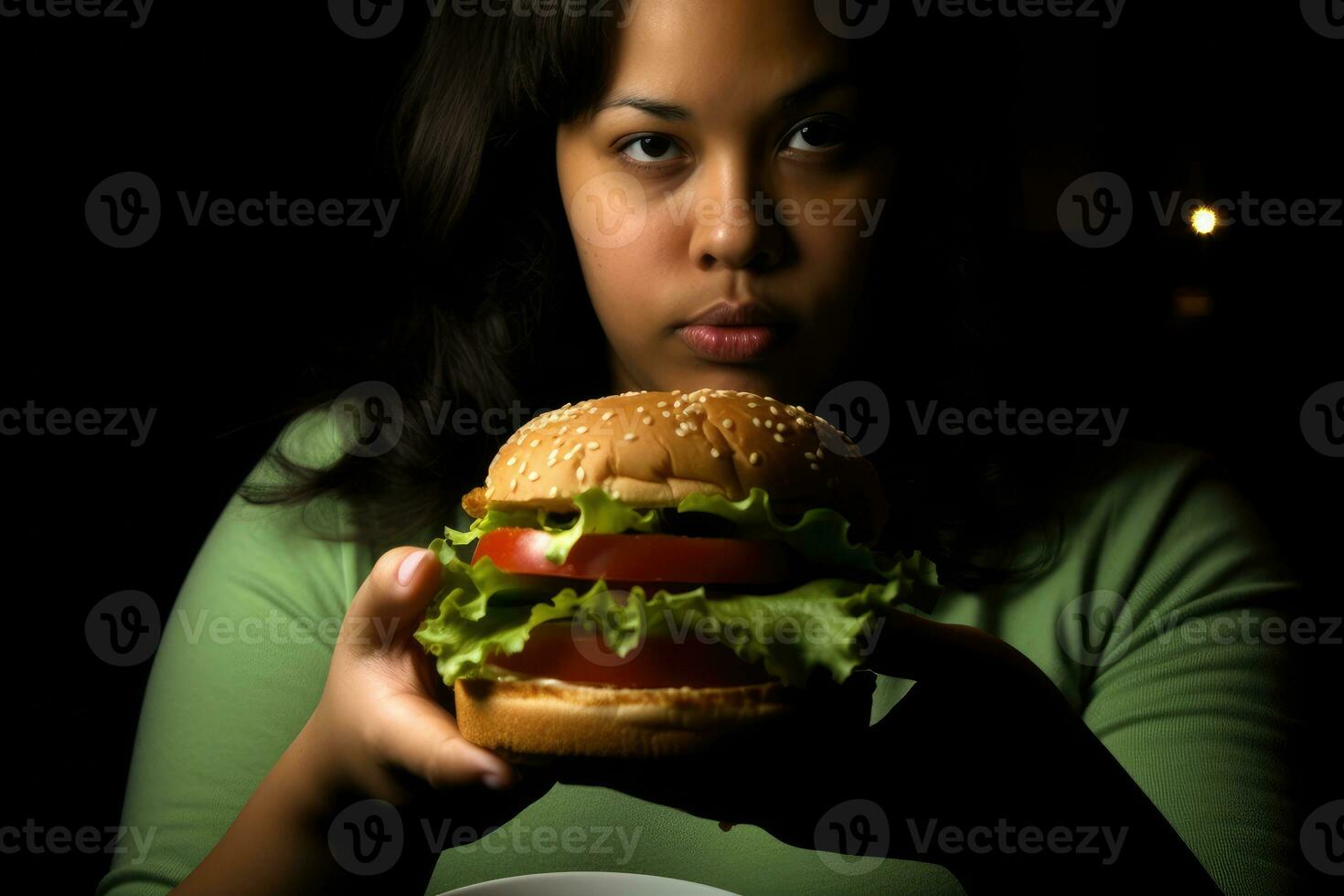een groot Hamburger en een te zwaar vrouw. bewustzijn van zwaarlijvigheid net zo een resultaat van ongezond aan het eten gewoonten en snel voedsel consumptie. generatief ai foto