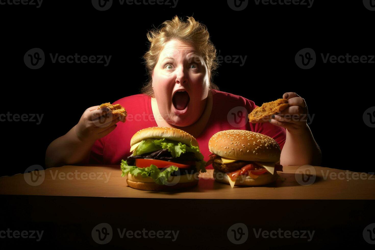 een groot Hamburger en een te zwaar vrouw. bewustzijn van zwaarlijvigheid net zo een resultaat van ongezond aan het eten gewoonten en snel voedsel consumptie. generatief ai foto